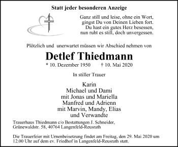 Traueranzeige von Detlef Thiedmann von WVW Anzeigenblätter