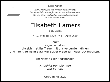 Traueranzeige von Elisabeth Lamers von WVW Anzeigenblätter
