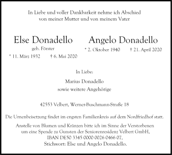 Traueranzeige von Else und Angelo Donadello von WVW Anzeigenblätter