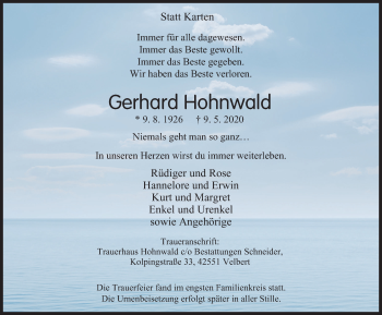 Traueranzeige von Gerhard Hohnwald von WVW Anzeigenblätter