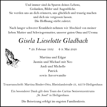 Traueranzeige von Gisela Lieselotte Gladbach von WVW Anzeigenblätter