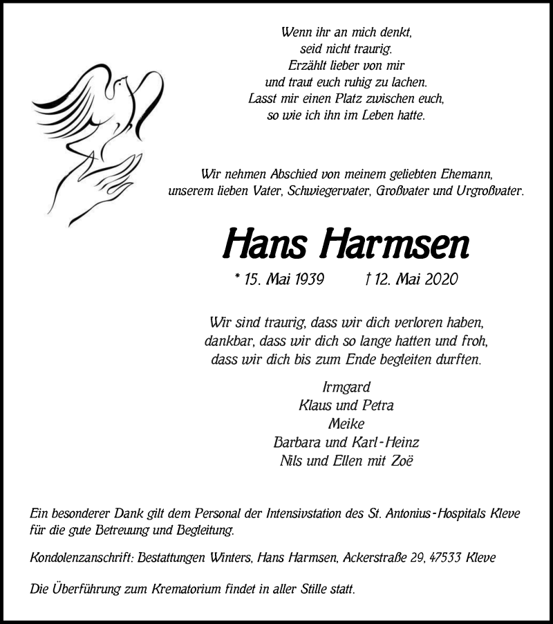  Traueranzeige für Hans Harmsen vom 16.05.2020 aus WVW Anzeigenblätter