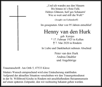 Traueranzeige von Henny van den Hurk von WVW Anzeigenblätter
