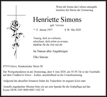 Traueranzeige von Henriette Simons von WVW Anzeigenblätter