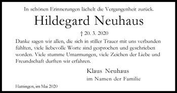 Traueranzeige von Hildegard Neuhaus von WVW Anzeigenblätter