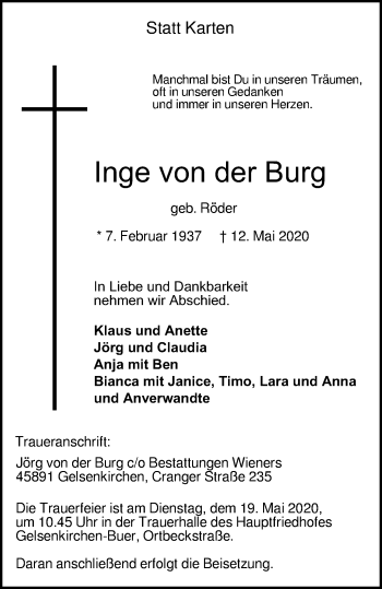 Traueranzeige von Inge von der Burg von WVW Anzeigenblätter