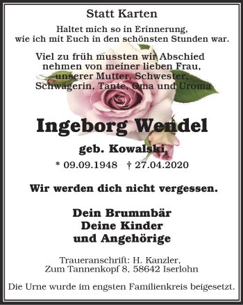 Traueranzeige von Ingeborg Wendel von WVW Anzeigenblätter
