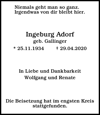 Traueranzeige von Ingeburg Adorf von WVW Anzeigenblätter