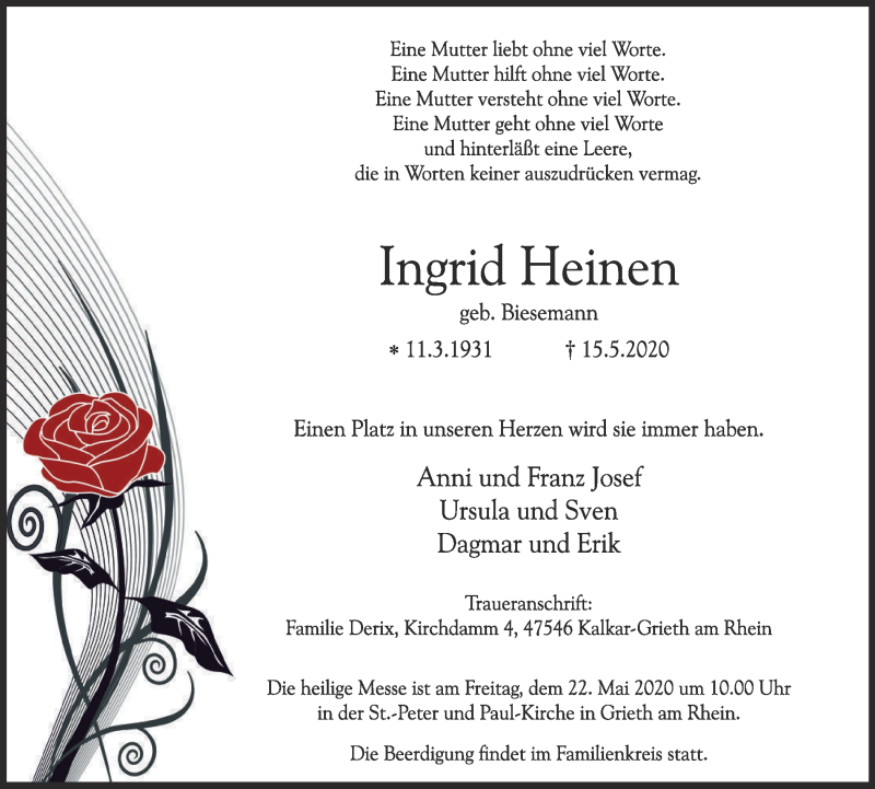  Traueranzeige für Ingrid Heinen vom 20.05.2020 aus WVW Anzeigenblätter