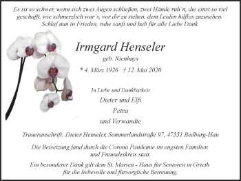 Traueranzeige von Irmgard Henseler von WVW Anzeigenblätter