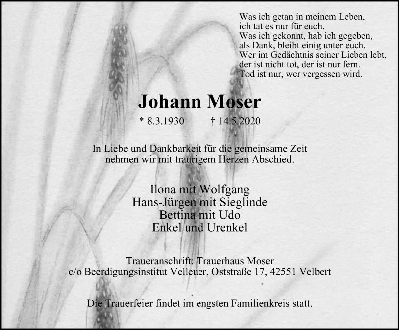  Traueranzeige für Johann Moser vom 16.05.2020 aus WVW Anzeigenblätter