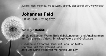 Traueranzeige von Johannes Feld von WVW Anzeigenblätter