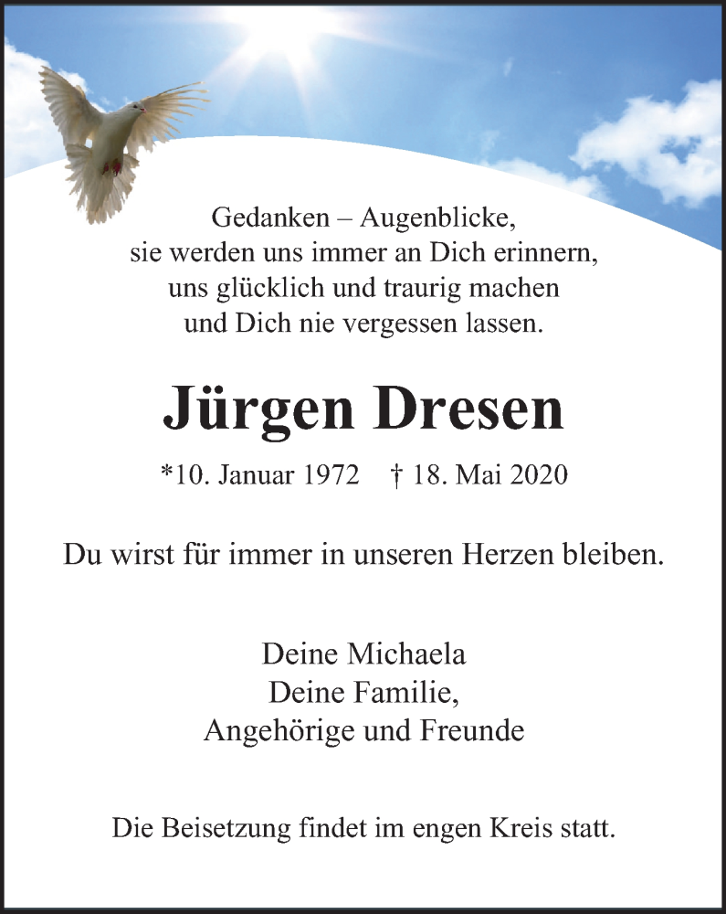  Traueranzeige für Jürgen Dresen vom 27.05.2020 aus WVW Anzeigenblätter