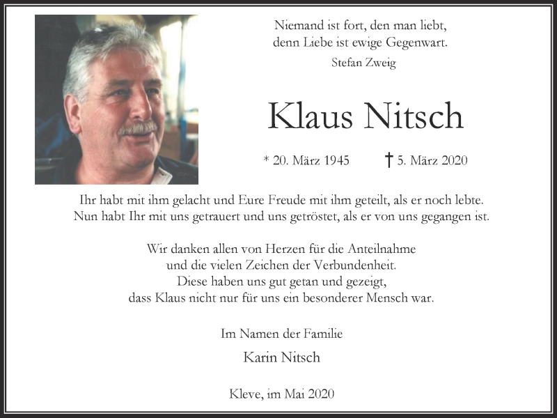  Traueranzeige für Klaus Nitsch vom 09.05.2020 aus WVW Anzeigenblätter