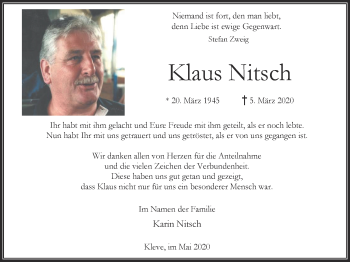 Traueranzeige von Klaus Nitsch von WVW Anzeigenblätter