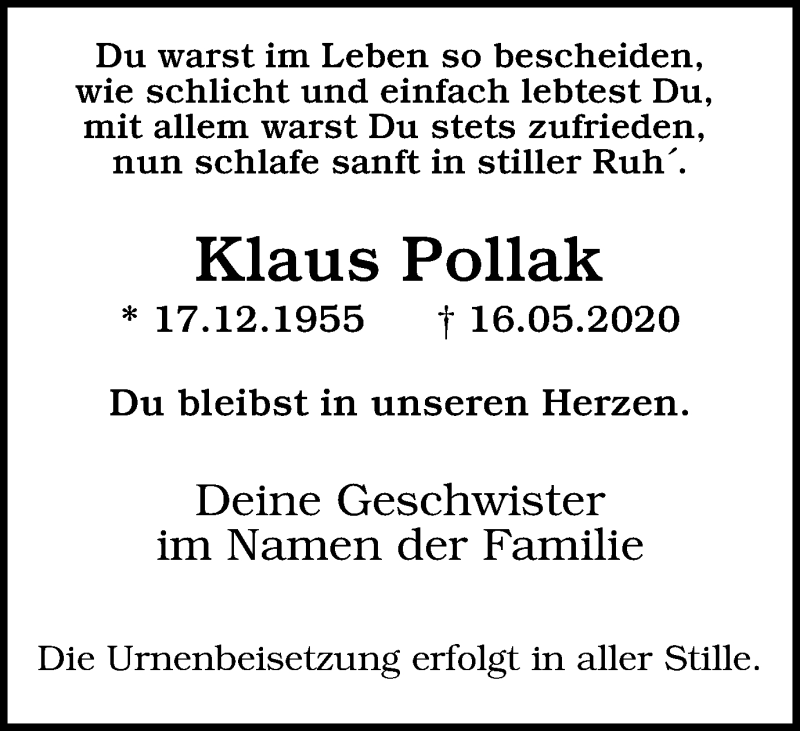  Traueranzeige für Klaus Pollak vom 20.05.2020 aus WVW Anzeigenblätter