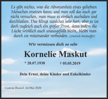Traueranzeige von Kornelie Maskut von WVW Anzeigenblätter