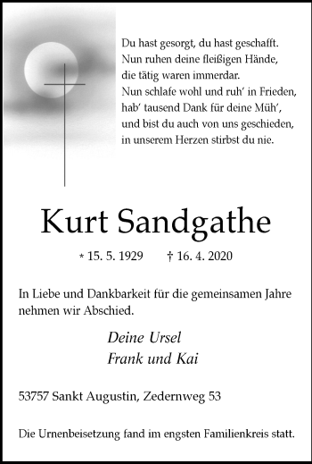 Traueranzeige von Kurt Sandgathe von WVW Anzeigenblätter