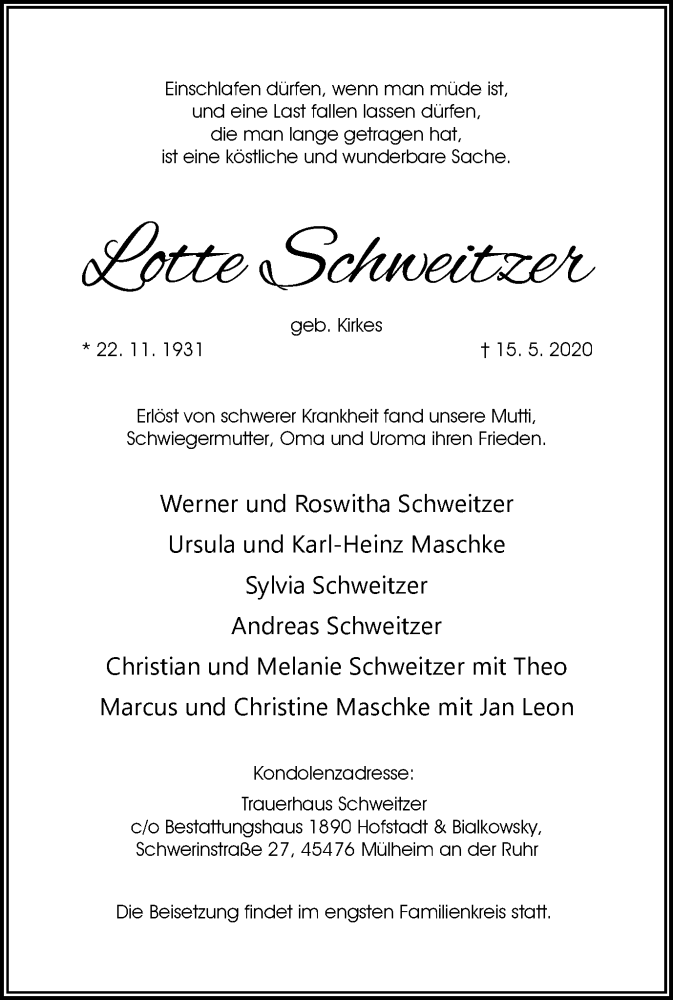 Traueranzeige für Lotte Schweitzer vom 20.05.2020 aus WVW Anzeigenblätter