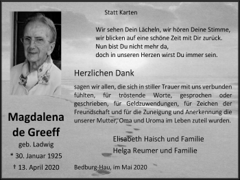 Traueranzeige von Magdalena de Greeff von WVW Anzeigenblätter