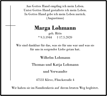 Traueranzeige von Marga Lohmann von WVW Anzeigenblätter