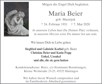 Traueranzeige von Maria Beier von WVW Anzeigenblätter