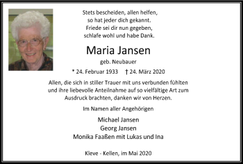 Traueranzeige von Maria Jansen von WVW Anzeigenblätter