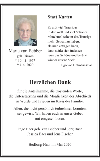 Traueranzeige von Maria van Bebber von WVW Anzeigenblätter
