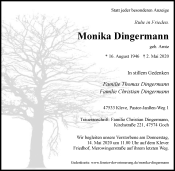 Traueranzeige von Monika Dingermann von WVW Anzeigenblätter