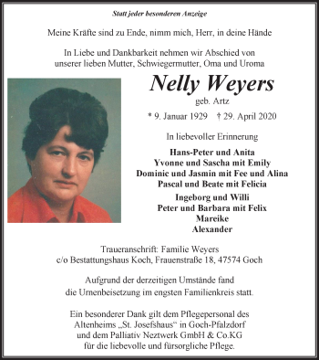 Traueranzeige von Nelly Weyers von WVW Anzeigenblätter