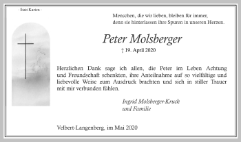 Traueranzeige von Peter Molsberger von WVW Anzeigenblätter