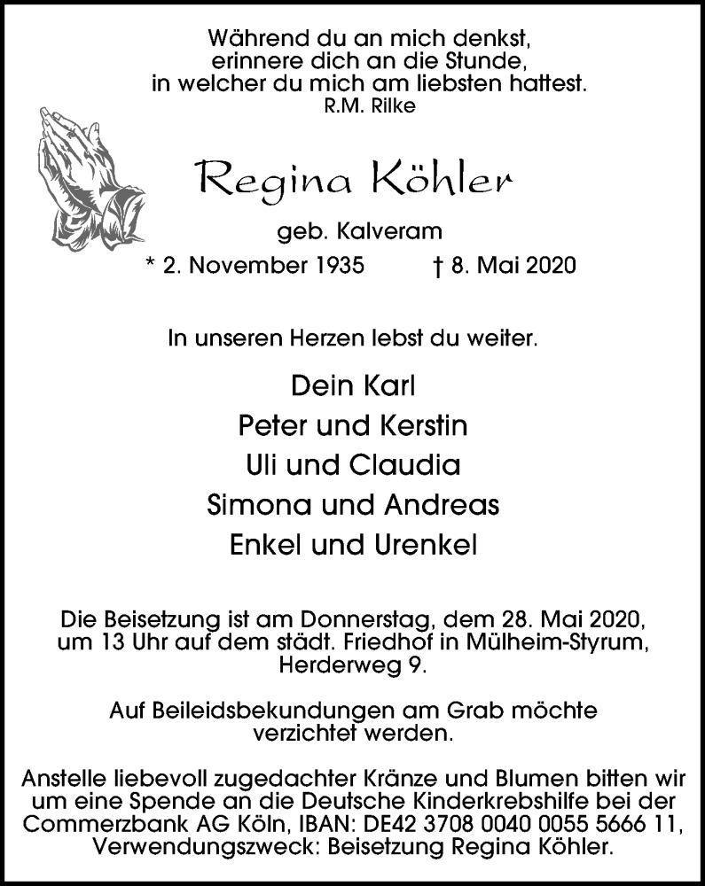  Traueranzeige für Regina Köhler vom 16.05.2020 aus WVW Anzeigenblätter