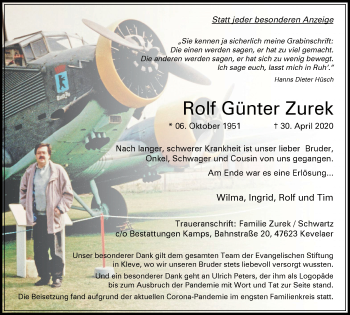 Traueranzeige von Rolf Günter Zurek von WVW Anzeigenblätter