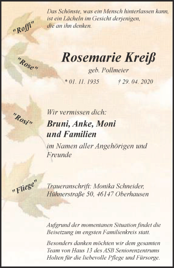 Traueranzeige von Rosemarie Kreiß von WVW Anzeigenblätter