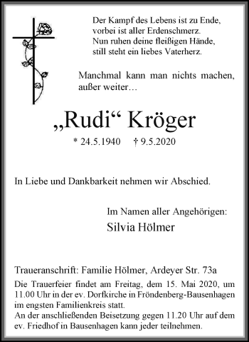 Traueranzeige von Rudi Kröger von WVW Anzeigenblätter