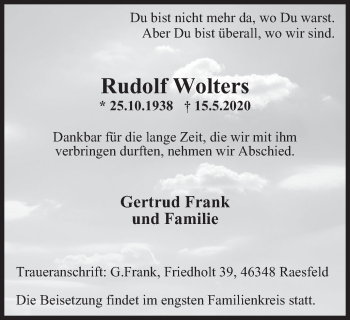 Traueranzeige von Rudolf Wolters von WVW Anzeigenblätter