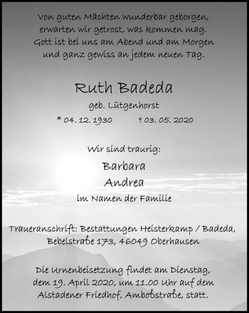 Traueranzeige von Ruth Badeda von WVW Anzeigenblätter