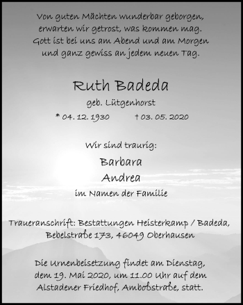 Traueranzeige von Ruth Badeda von WVW Anzeigenblätter
