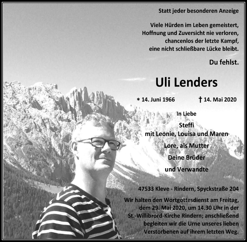  Traueranzeige für Uli Lenders vom 23.05.2020 aus WVW Anzeigenblätter