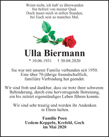 Traueranzeige von Ulla Biermann von WVW Anzeigenblätter