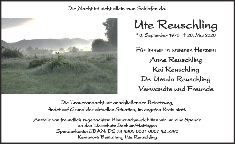  Traueranzeige für Ute Reuschling vom 30.05.2020 aus WVW Anzeigenblätter