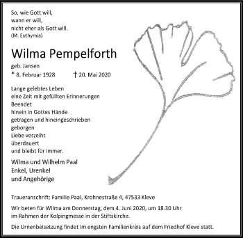 Traueranzeige von Wilma Pempelforth von WVW Anzeigenblätter