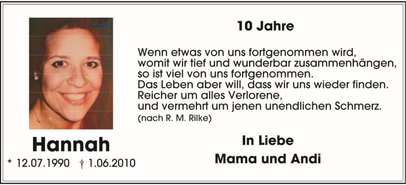  Traueranzeige für Hannah  vom 02.06.2020 aus WOCHEN-ANZEIGER LANGENFELD/MONHEIM/HILDEN
