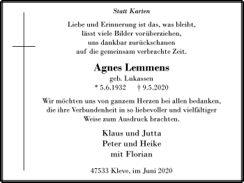 Traueranzeige von Agnes Lemmens von WVW Anzeigenblätter