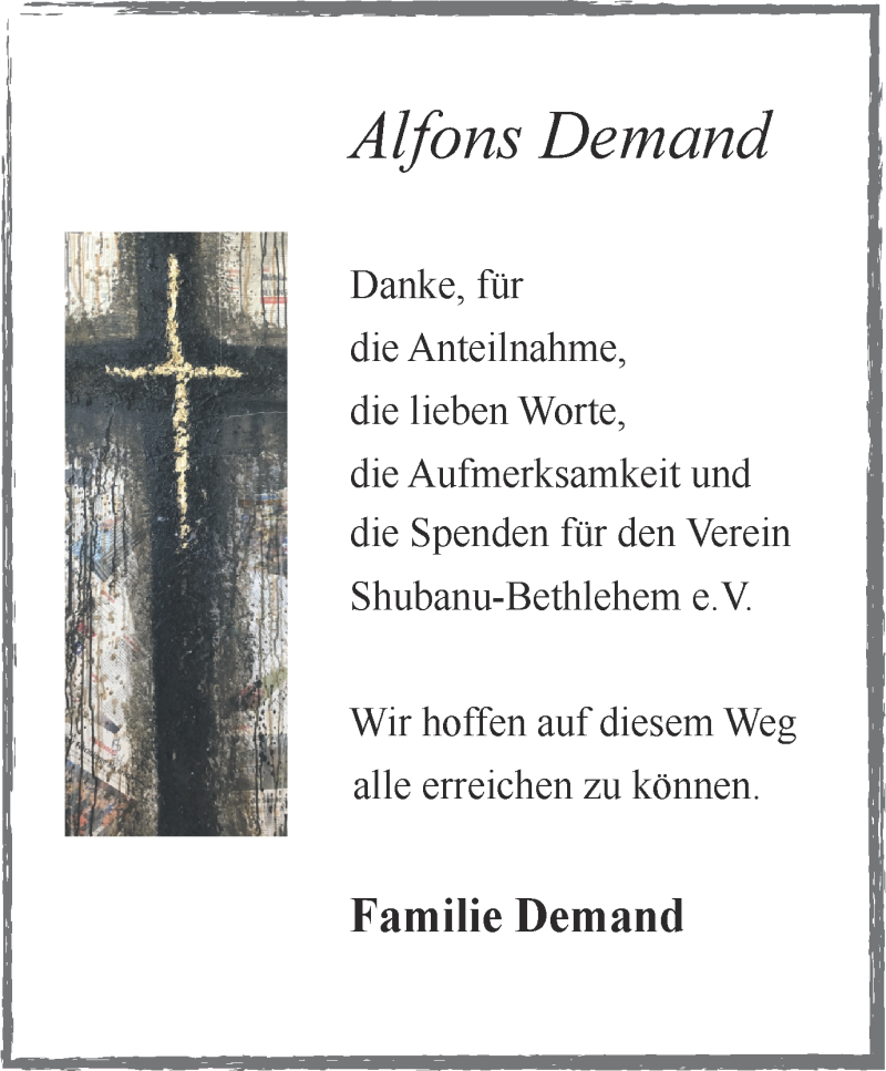  Traueranzeige für Alfons Demand vom 27.06.2020 aus WVW Anzeigenblätter