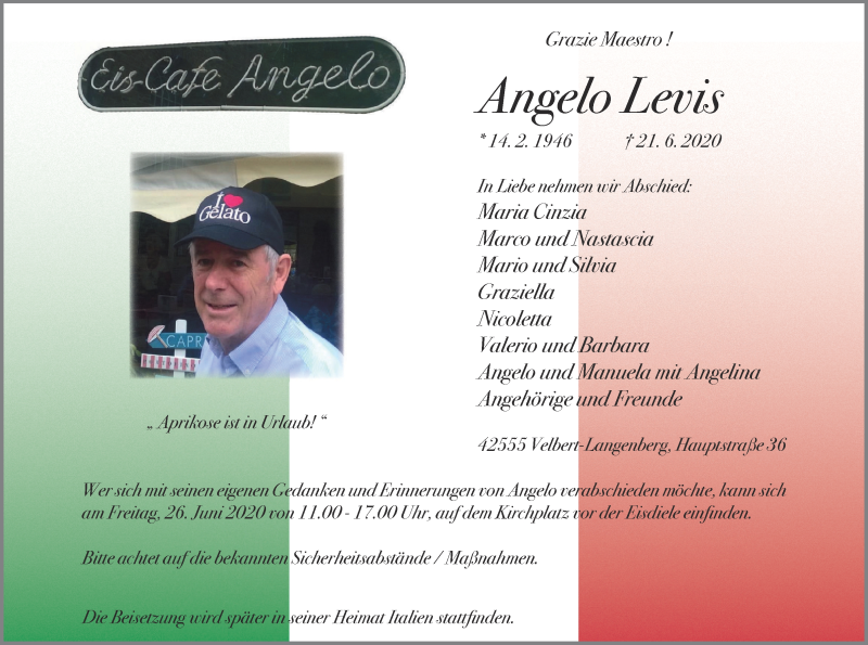  Traueranzeige für Angelo Levis vom 24.06.2020 aus WVW Anzeigenblätter