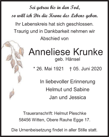 Traueranzeige von Anneliese Krunke von WVW Anzeigenblätter
