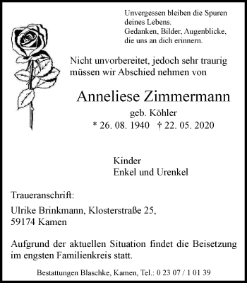 Traueranzeige von Anneliese Zimmermann von WVW Anzeigenblätter