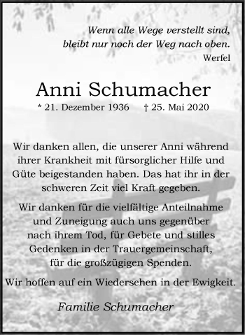 Traueranzeige von Anni Schumacher von WVW Anzeigenblätter