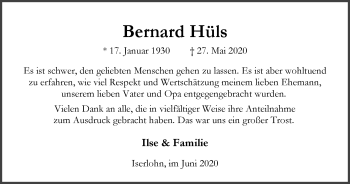 Traueranzeige von Bernard Hüls von WVW Anzeigenblätter